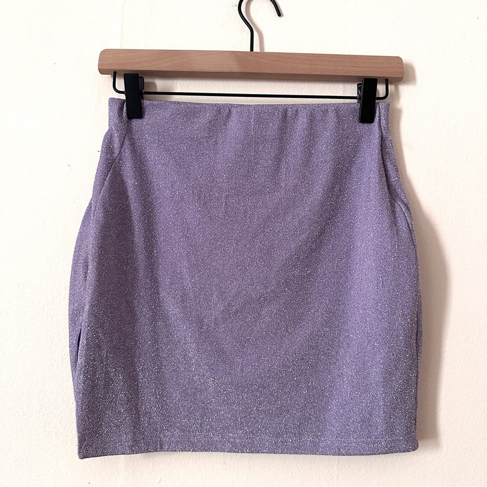 Shimmery Textured Lavender Purple Glitter Mini Skirt with Slit